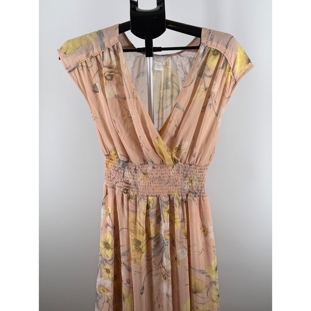 H&M Peach Floral Chiffon Maxi Dress Smocked Waist High Low Hem Pink Yellow US 2 - Picture 3 of 8